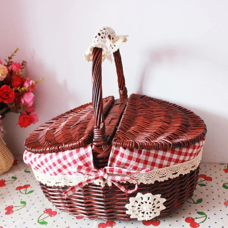handwoven wicker basket for picnic and outdoor storage