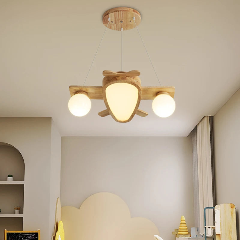 Solid wood airplane pendant light for children - vue 3 sur 8