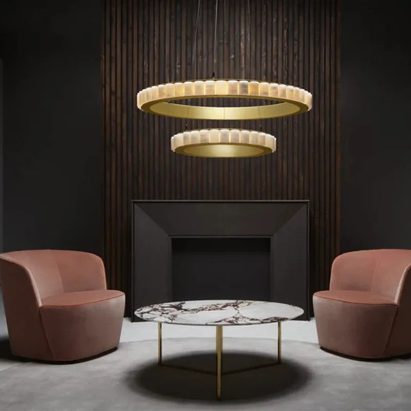 Postmodern LED ring chandelier in black and gold marble, round design for dining room - vue 4 sur 16