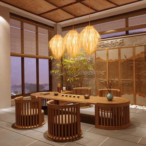 Rattan bamboo woven pendant light with straw hat shade pastoral decor - vue 5 sur 7