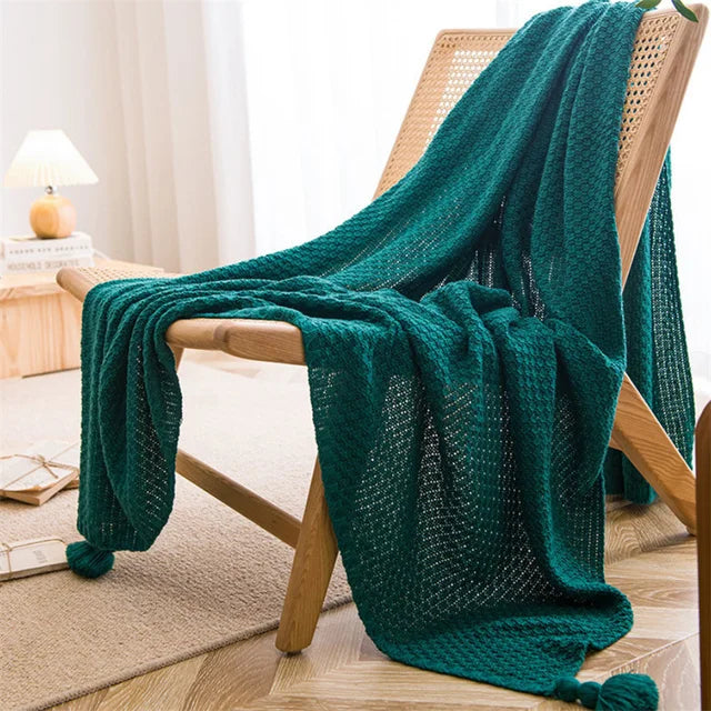 Chunky waffle knit Nordic throw with pompoms