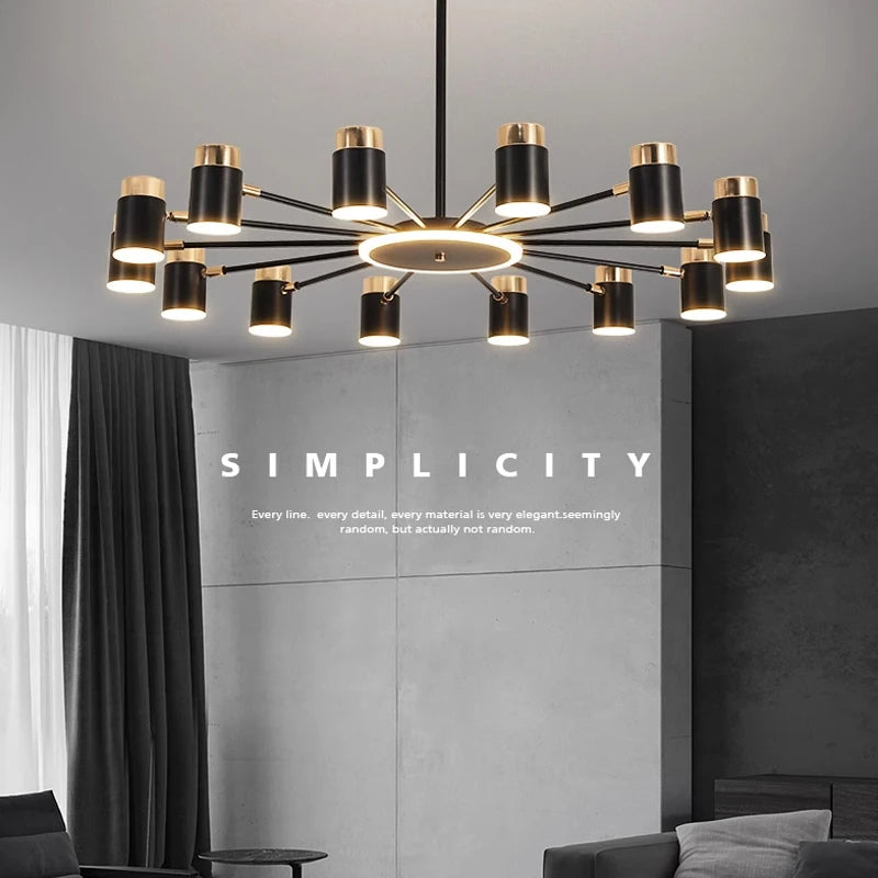 Modern chandelier in simple black and gold design