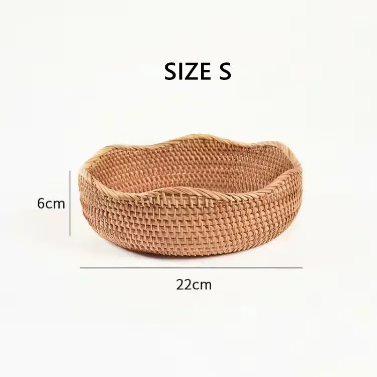 Round Rattan Fruit Basket, Wicker Woven Snack Tray, ,Bread Food Organizer, Kitchen Storage, Home Decoration - vue 7 sur 9