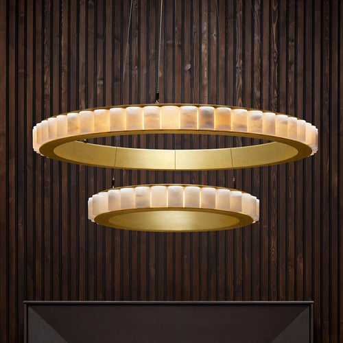 Postmodern LED ring chandelier in black and gold marble, round design for dining room - vue 7 sur 16