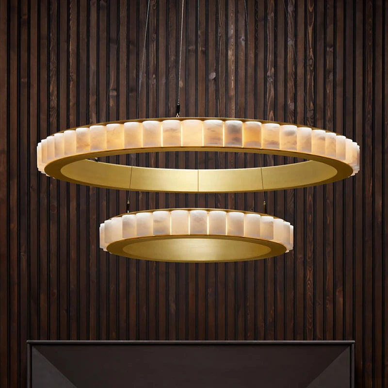 Postmodern LED ring chandelier in black and gold marble, round design for dining room - vue 6 sur 16