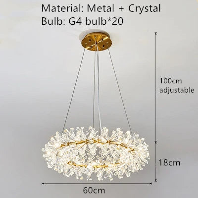Clear crystal round LED chandelier with adjustable gold metal wire