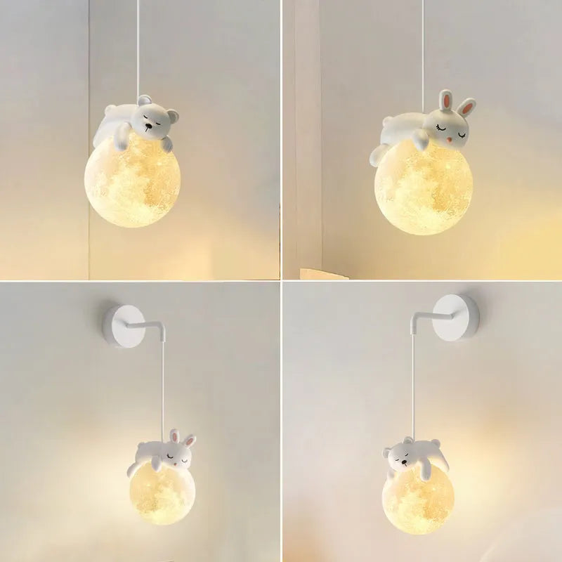 Children's 3d bear and rabbit bedside pendant light with moon night light
