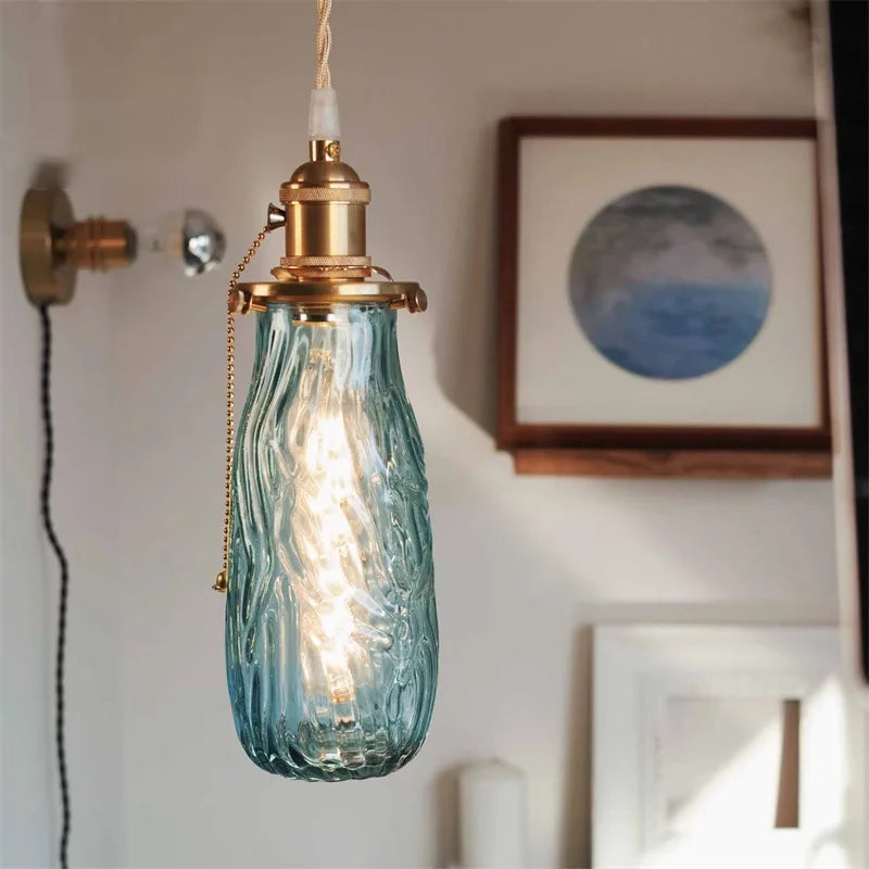 Retro brass and glass pendant light with pull switch