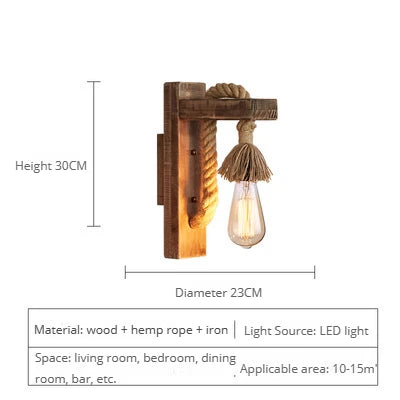 Vintage industrial wooden wall light with hemp rope - vue 16 sur 17