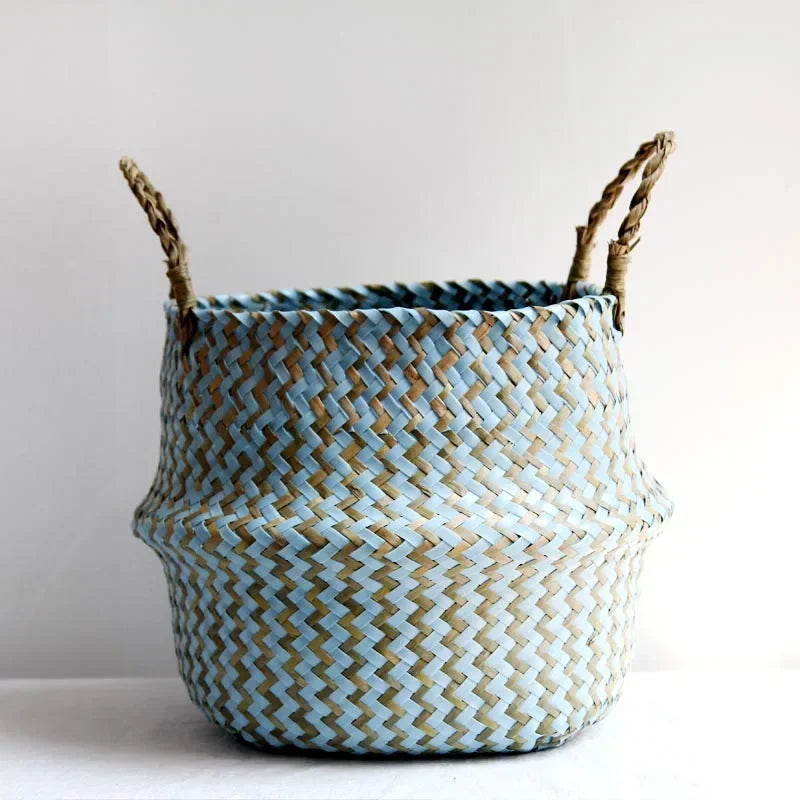 handmade patchwork seagrass foldable wicker storage basket - vue 9 sur 9