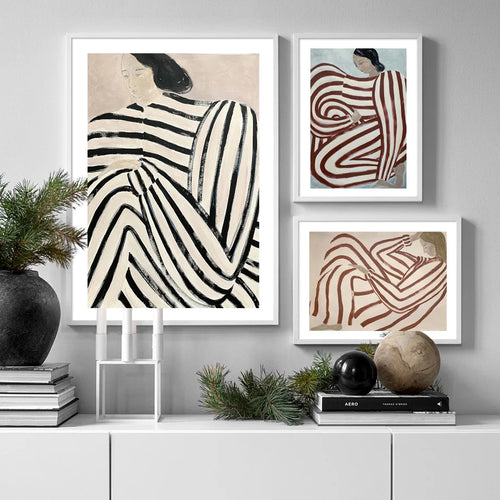 Striped pyjama woman geometry leaf retro modern wall art - vue 4 sur 7
