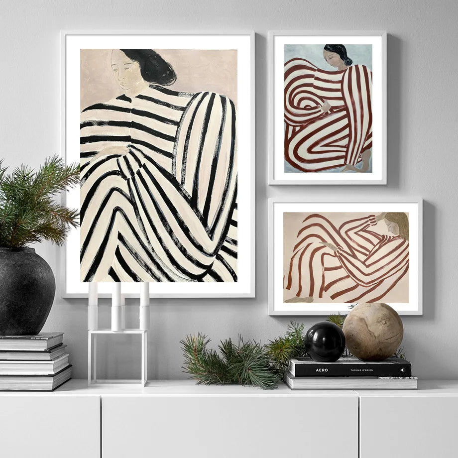 Striped pyjama woman geometry leaf retro modern wall art - vue 4 sur 7