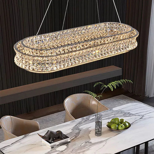 Modern clear crystal chandelier in stainless steel with dimmable light and adjustable cord - vue 4 sur 9