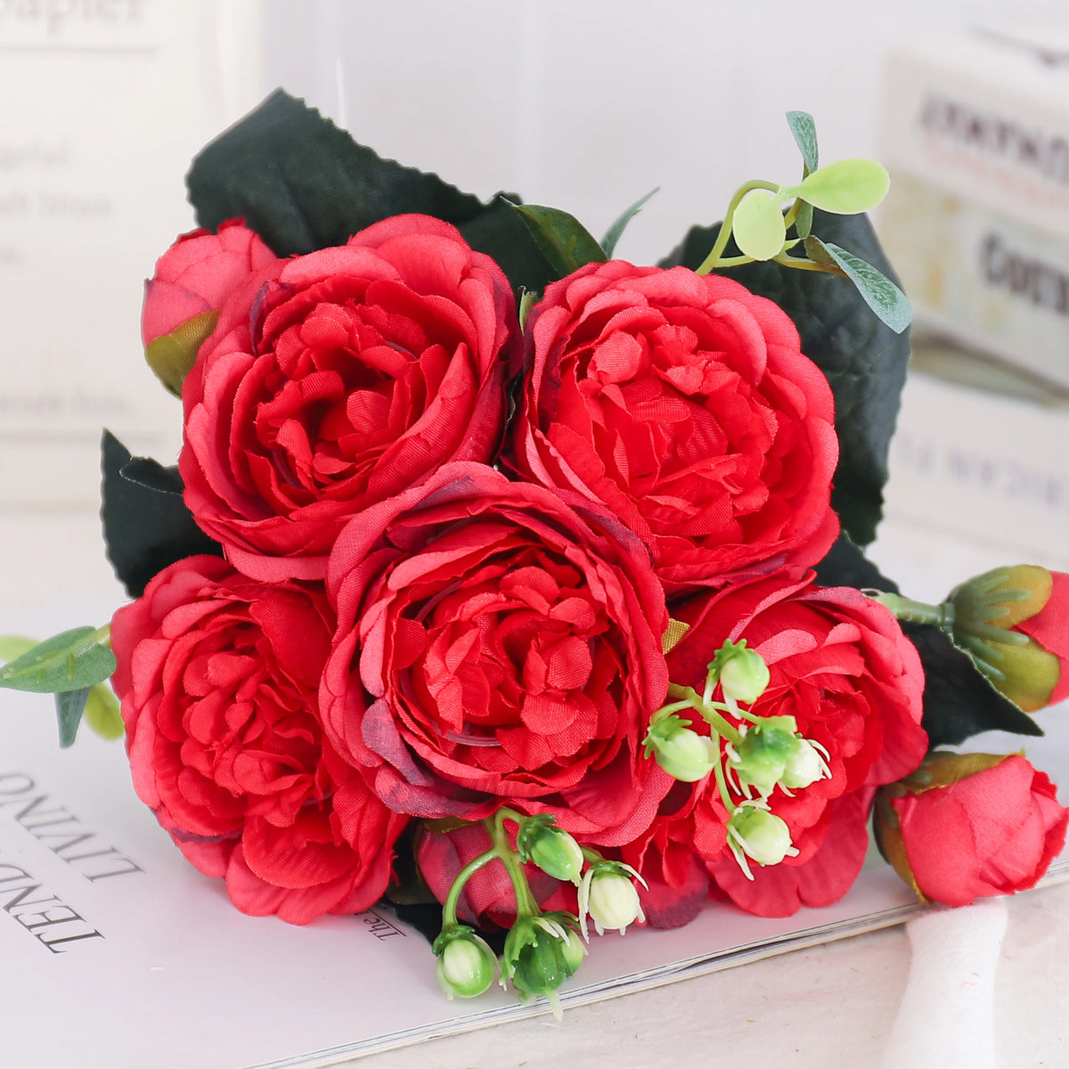 Artificial silk peony and hydrangea bouquet for wedding and home decoration - vue 9 sur 40