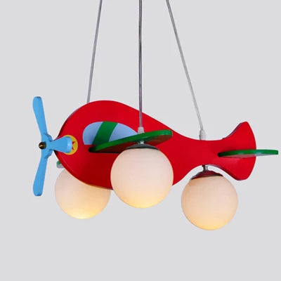 Wood and glass cartoon airplane pendant light for children - vue 9 sur 8