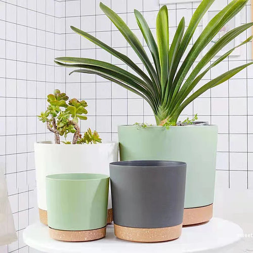 Large circular plastic indoor plant pot with drainage and tray - vue 2 sur 15