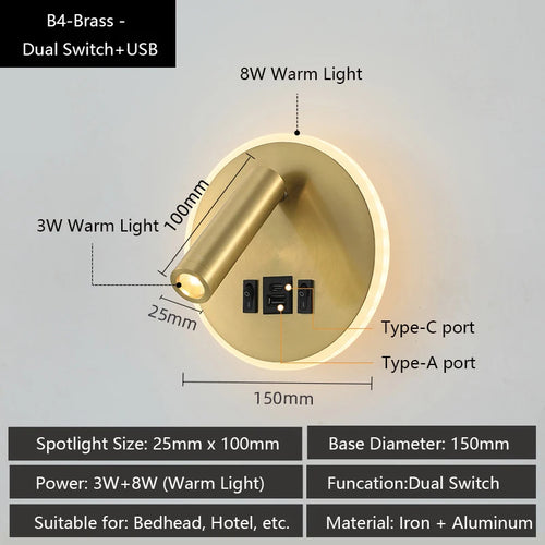 Modern wall light with USB ports and adjustable reading lamps