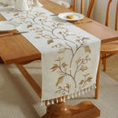 Embroidered boho plant table runner with cotton tassels