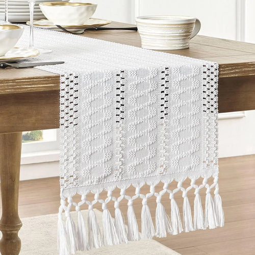 Ivory boho macramé table runner with fringes