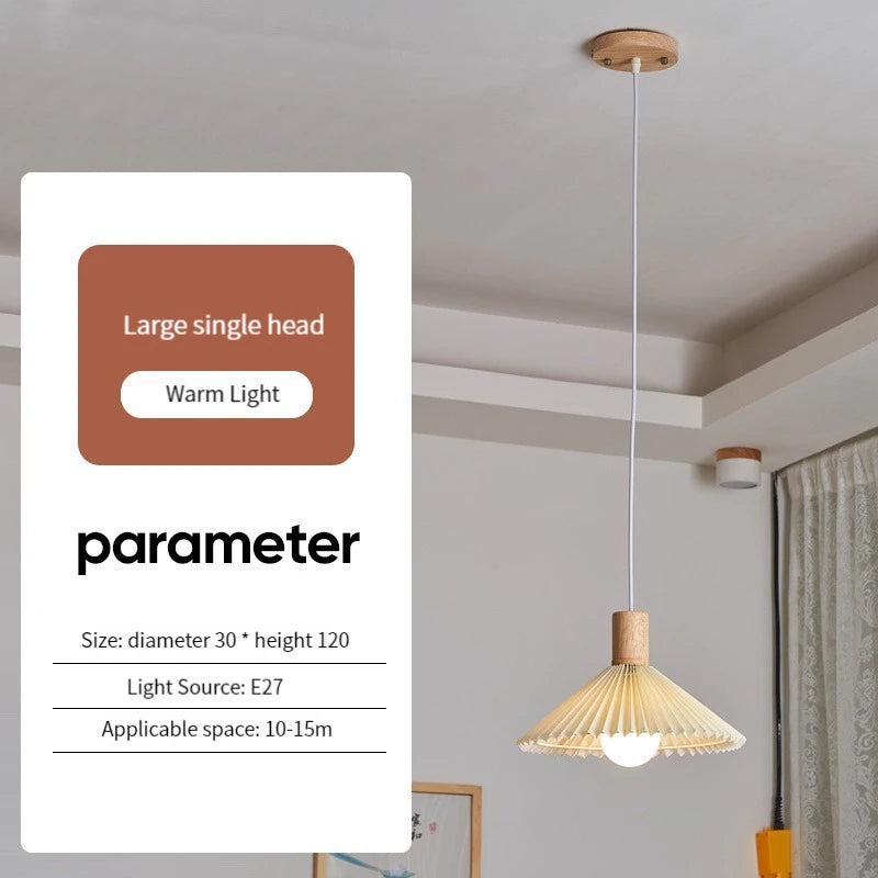 Modern Nordic pleated fabric chandelier with wooden base