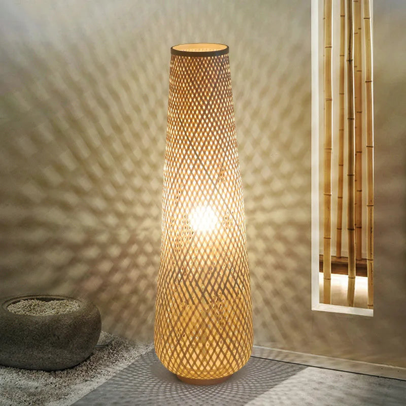 Cylindrical bamboo and wicker floor lamp with retro wooden weave