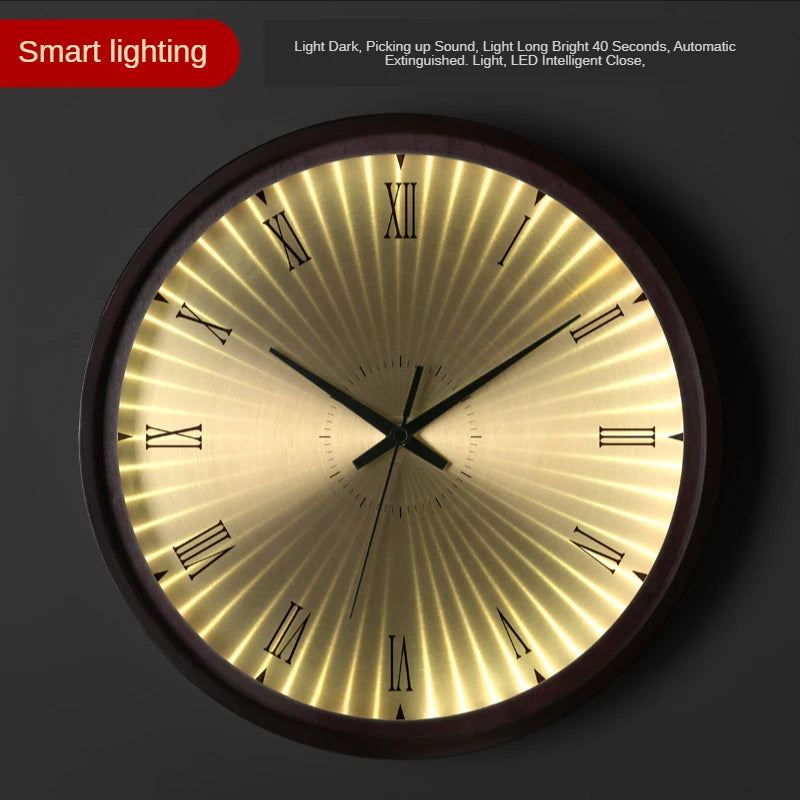 modern design wall clock in golden wood silent and creative - vue 16 sur 19