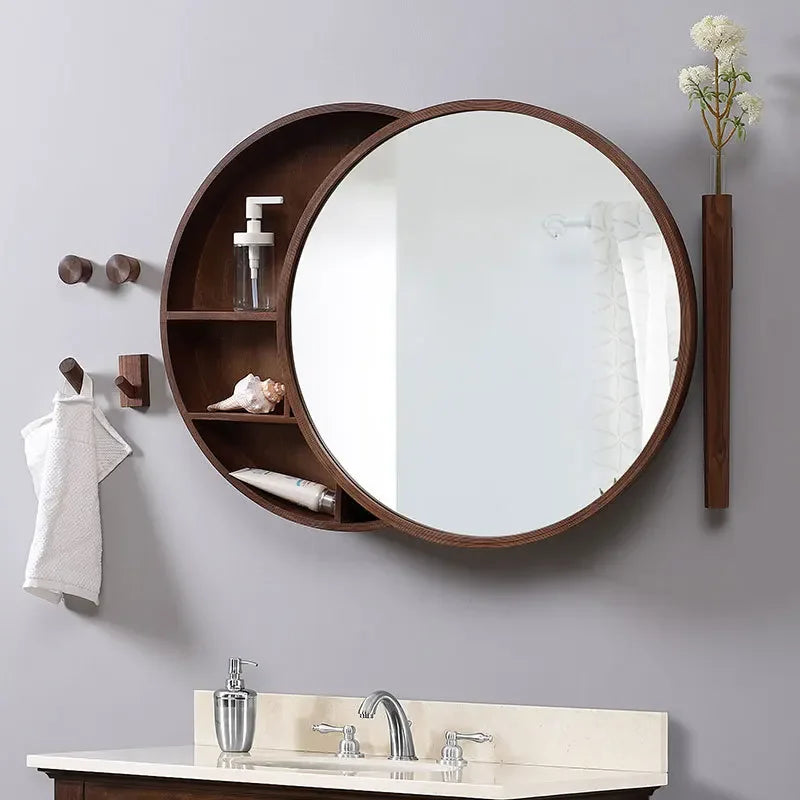 wall storage cabinet with round decorative mirror