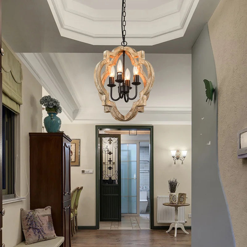 Vintage chandelier in reclaimed wood, industrial style for interiors