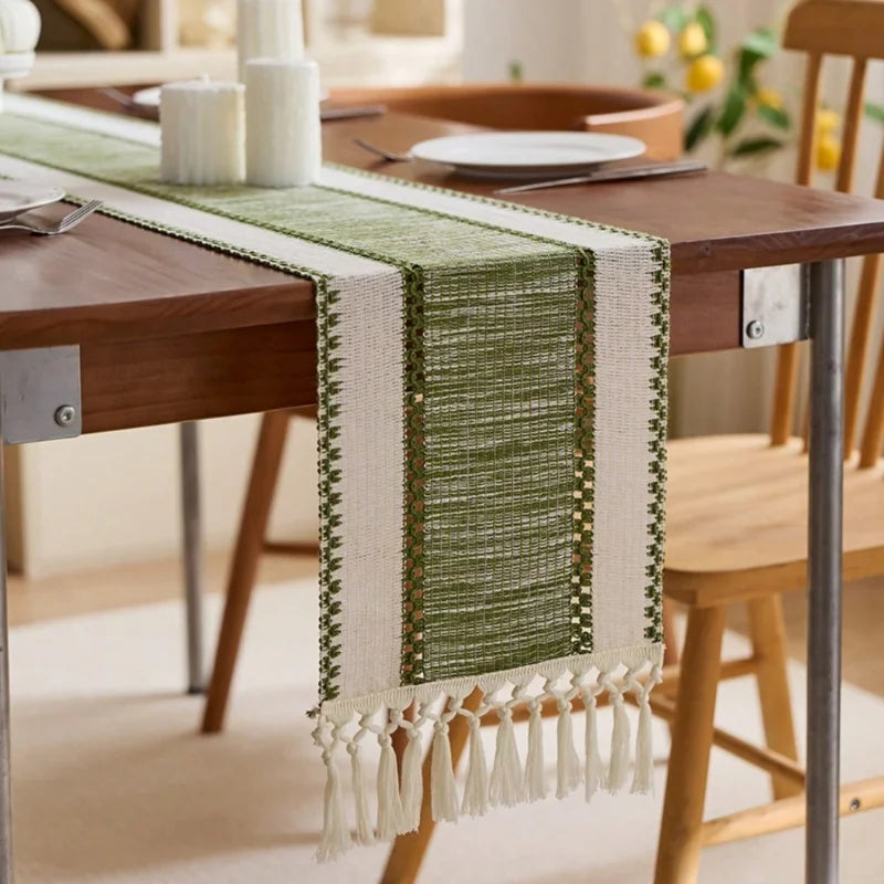 Green striped boho nordic table runner with tassels