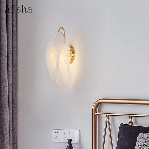 Nordic feather wall lamp romantic girl bedroom decoration - vue 3 sur 7