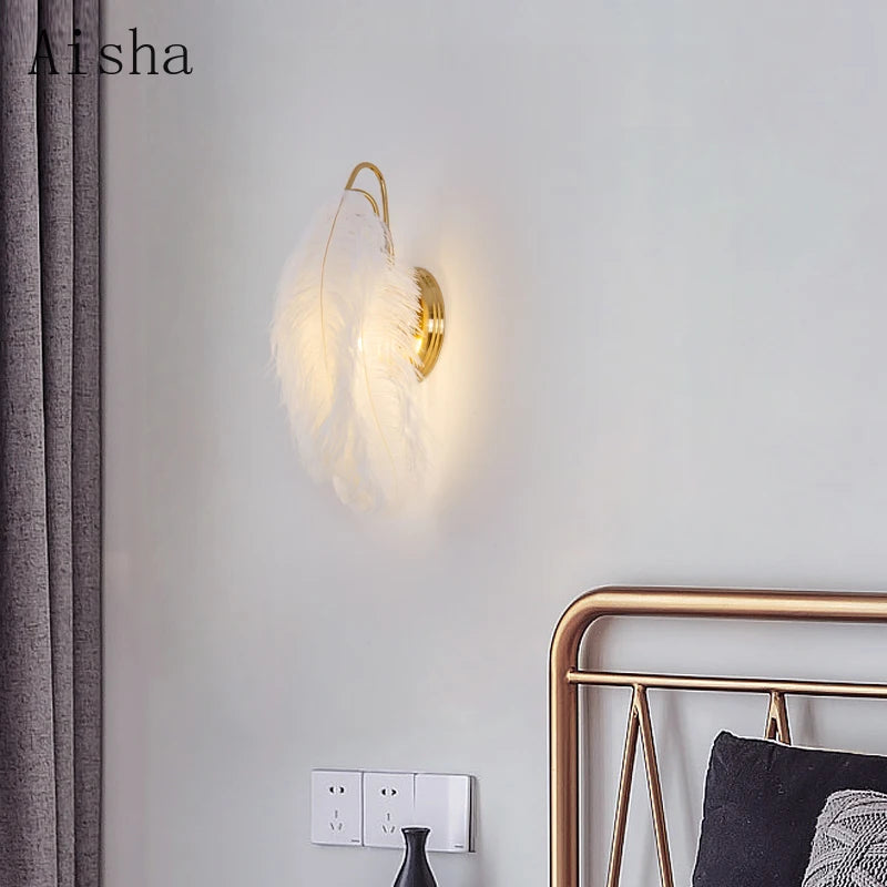 Nordic feather wall lamp for girl's princess bedroom