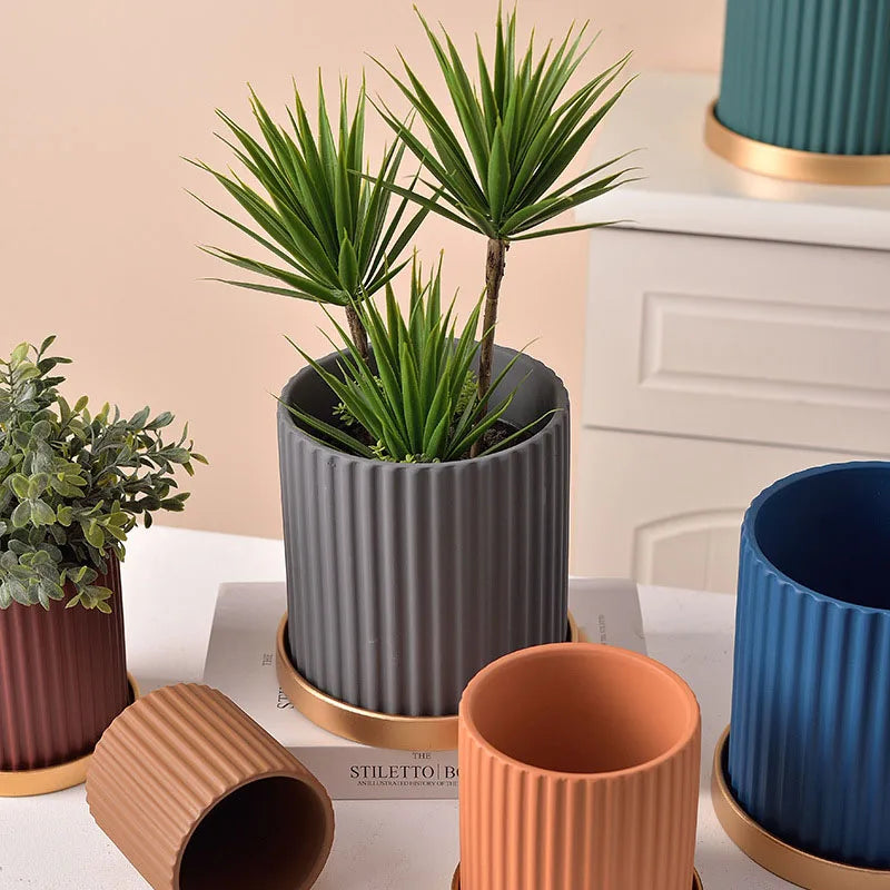 ceramic flower pot vertical lines for indoor plants - vue 4 sur 23