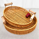 Woven rattan storage tray with wooden handles