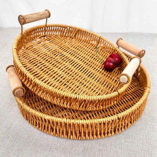 Woven rattan storage tray with wooden handles - vue 5 sur 11