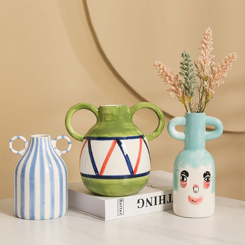 hand painted ceramic vase with fun decorative ears