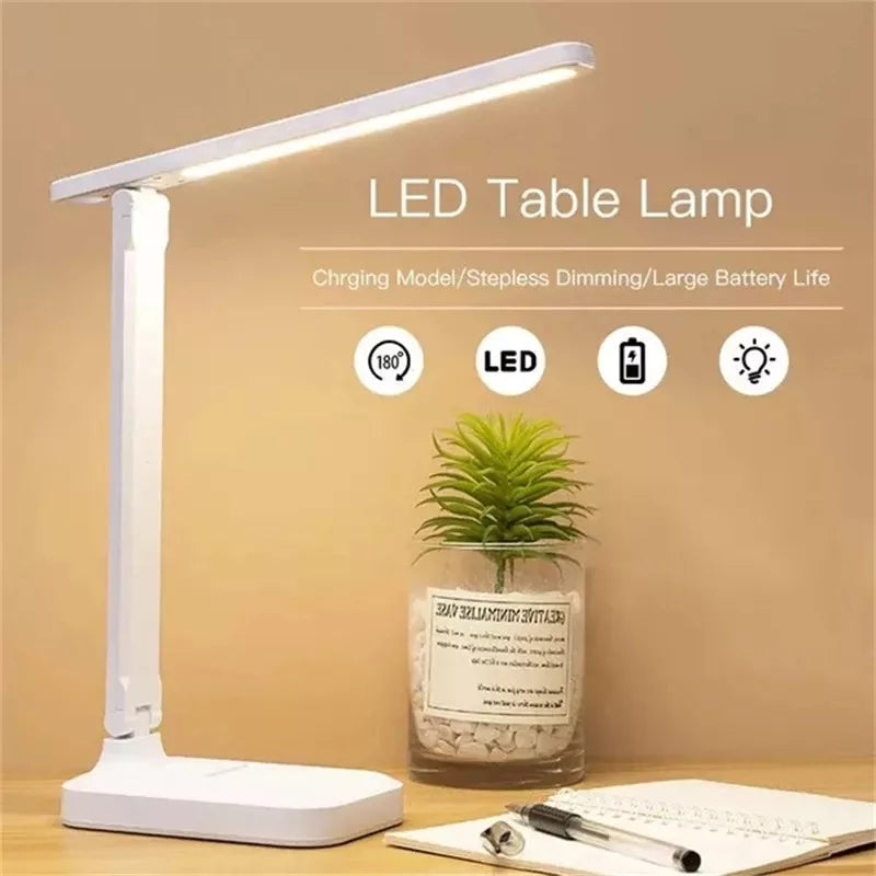 Foldable LED table lamp with stepless touch dimming, USB rechargeable, for reading and bedside
