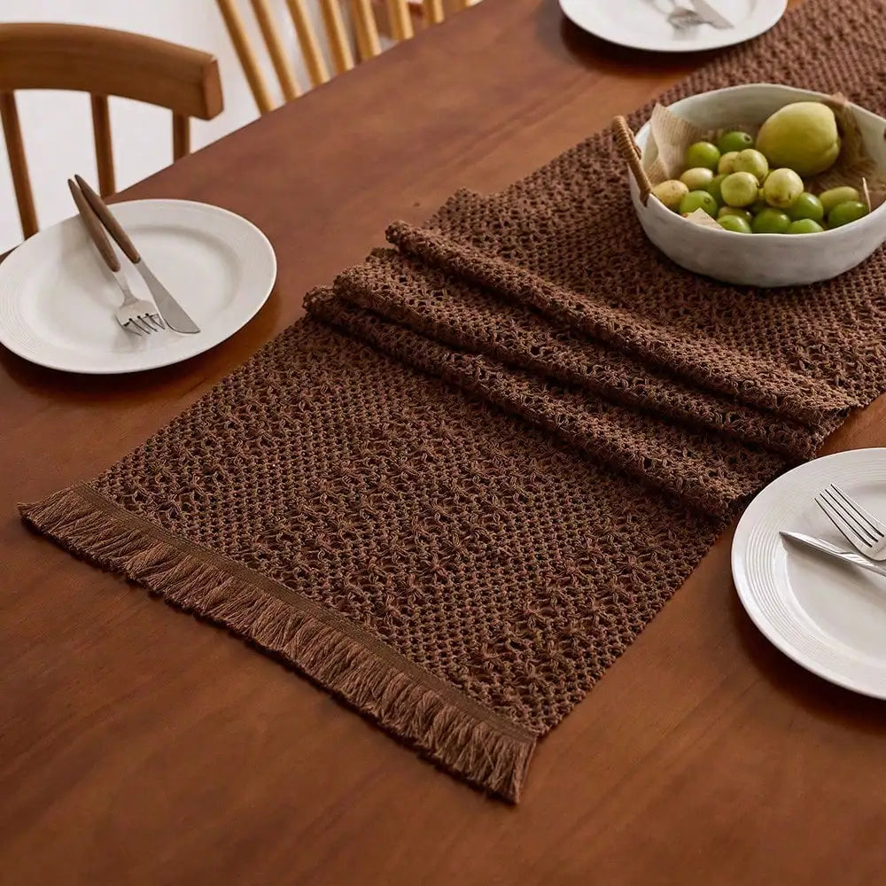 Nordic boho woven table runner with tassels