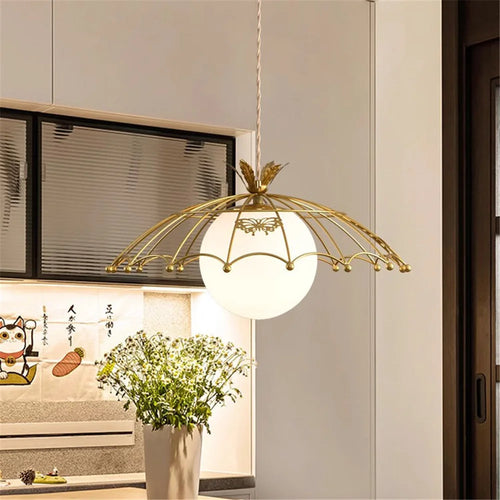 Nordic style glass LED pendant light with golden hat for decoration - vue 2 sur 6