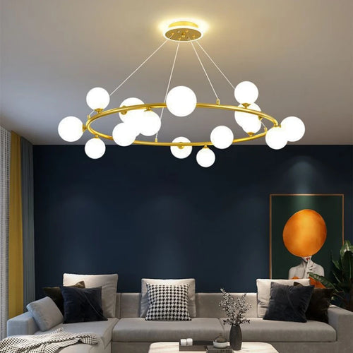 Modern matt glass chandelier with black ring and adjustable cable - vue 3 sur 14