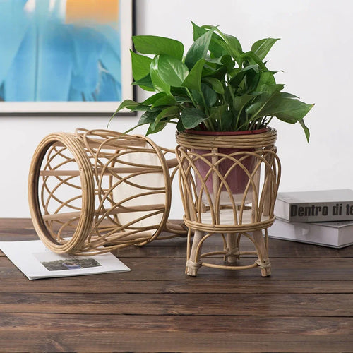 Rattan flower pot with creative bamboo stand - vue 2 sur 7