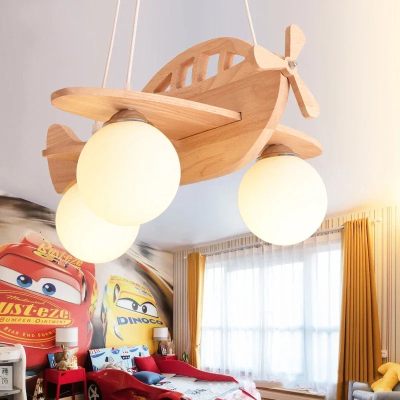 Wooden airplane pendant lamp for children's room