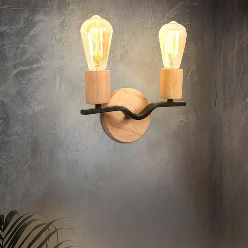 Two-head wall light in wood and iron loft style - vue 3 sur 8