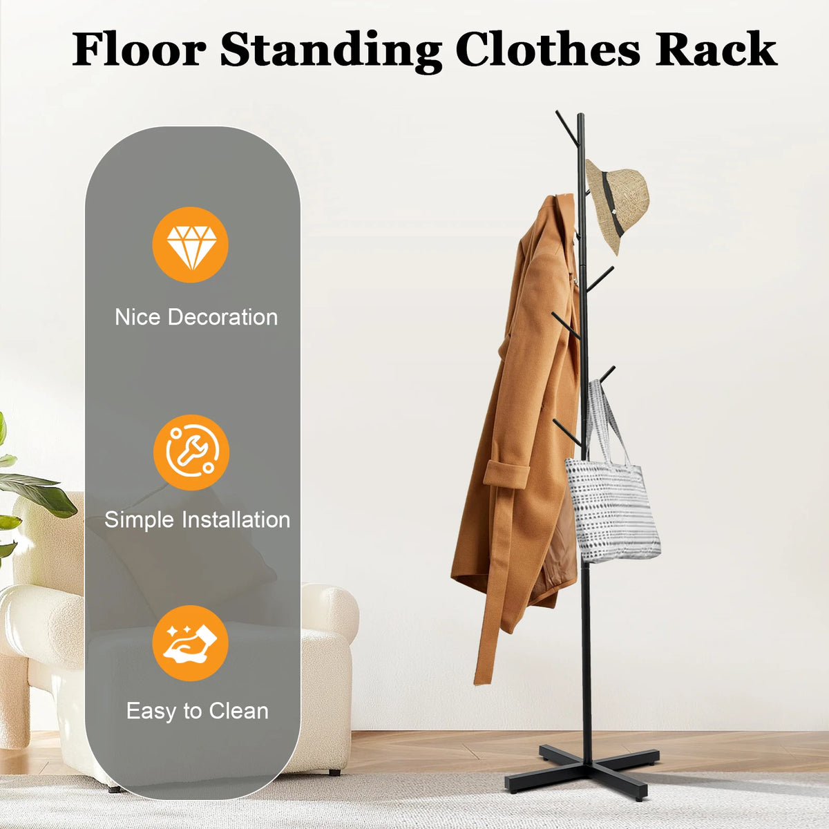 freestanding metal coat rack with 7 hooks for entryway
