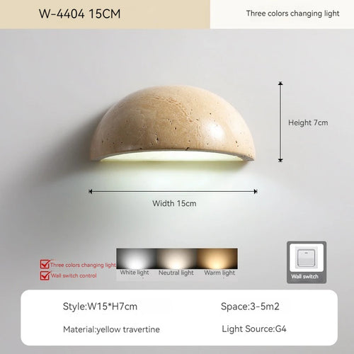 Retro semi-circular natural travertine LED wall light for decoration