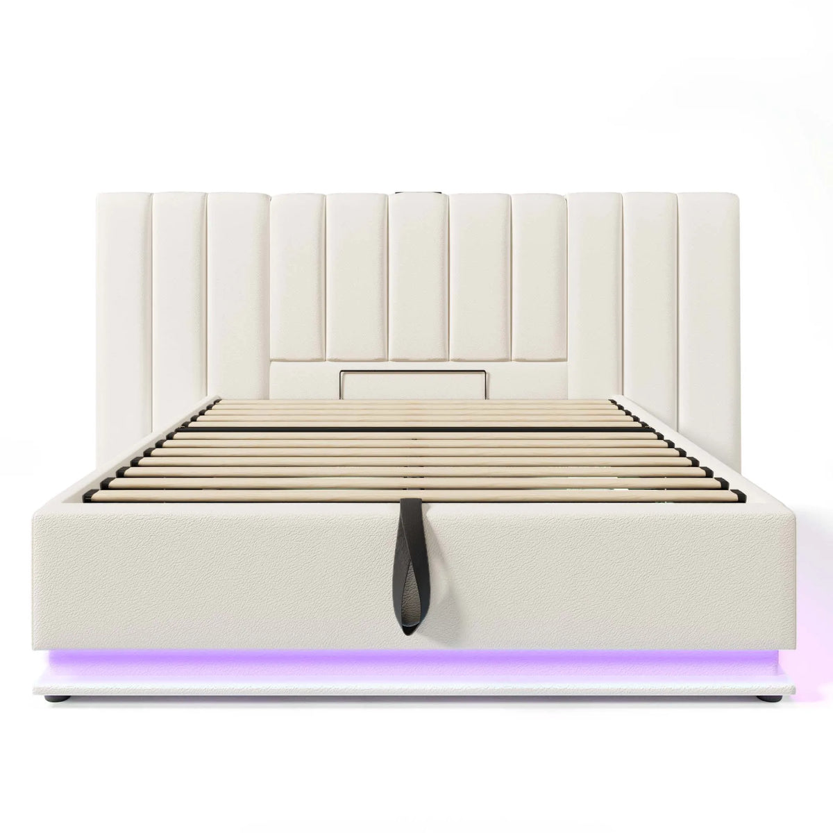 Upholstery bed 180 × 200, double bed storage bed with App Control LED and USB-C charging function, bed rack with slatted frame, PU, ​​White, O