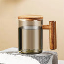 borosilicate glass mug with wooden handle and lid