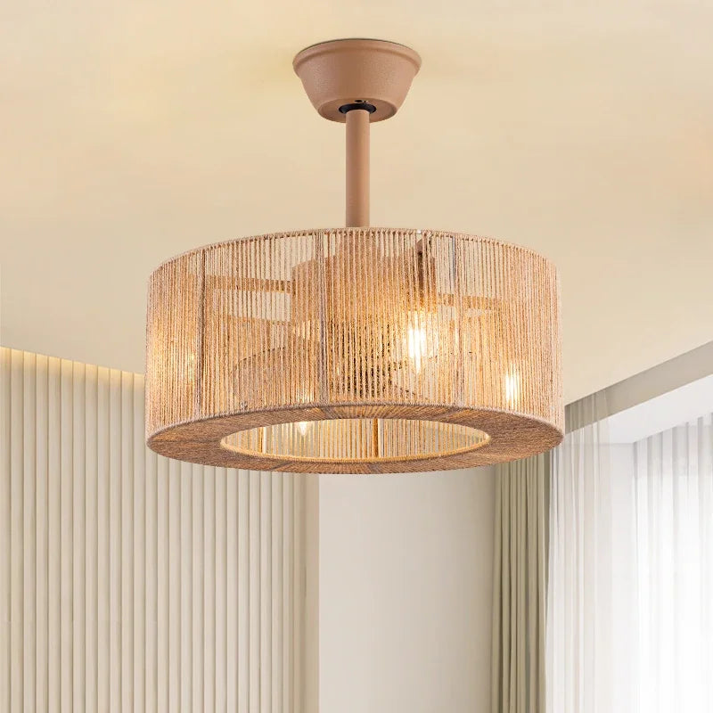 Decorative braided rope ceiling light with fan and dimmable function