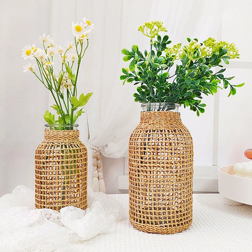 woven rattan vase for dried flowers retro decoration - vue 4 sur 8