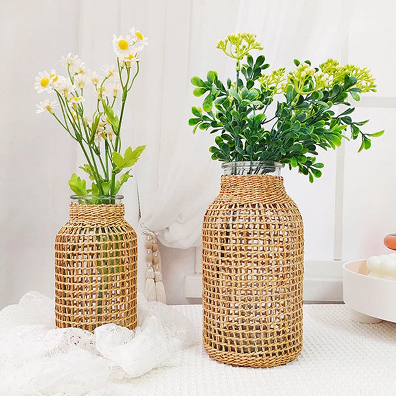 woven rattan vase for dried flowers retro decoration - vue 3 sur 8