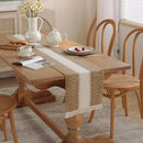 Beige boho table runner with geometric patterns and tassels